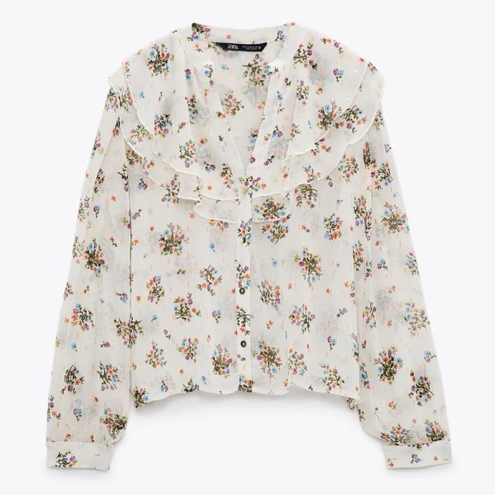 ZARA RUFFLED FLORAL SEMI SHEER BLOUSE - Picture 1 of 3